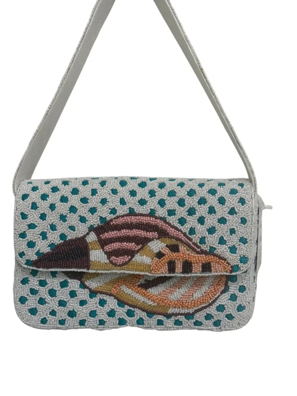 Made in India Conch Seashell White and Blue Polka Dot Beaded Bag NWT